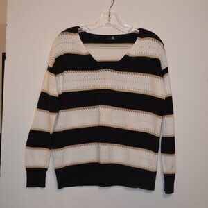 & Knitted V-Neck Long Sleeves Black-White-Tan Wide Stripes Pattern Sweater XS